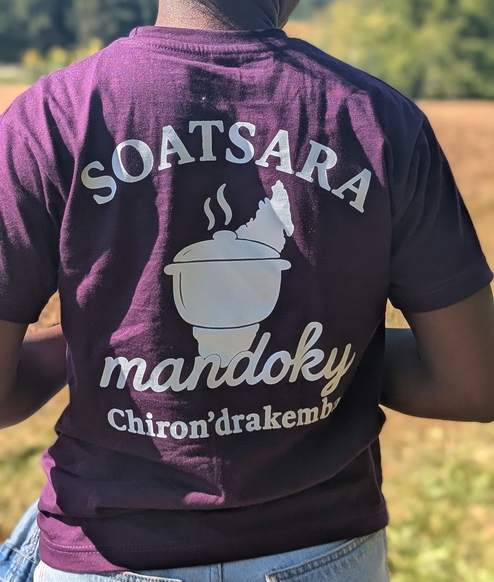 Rückseite des lila Soatsara-Mandoky-Shirts mit Logo-Print